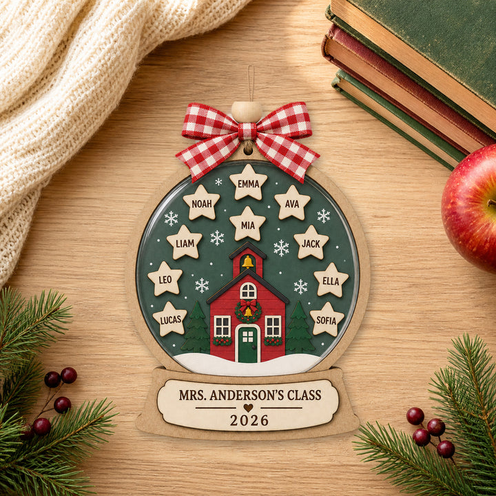 Personalized Schoolhouse Snow Globe Acrylic Ornament - Custom Names Keepsake - image 1