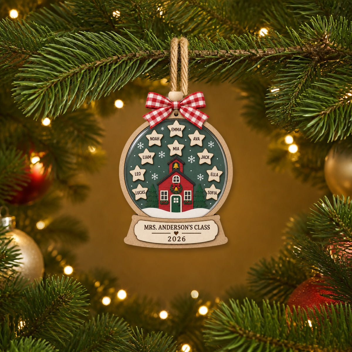 Personalized Schoolhouse Snow Globe Acrylic Ornament - Custom Names Keepsake - image 3