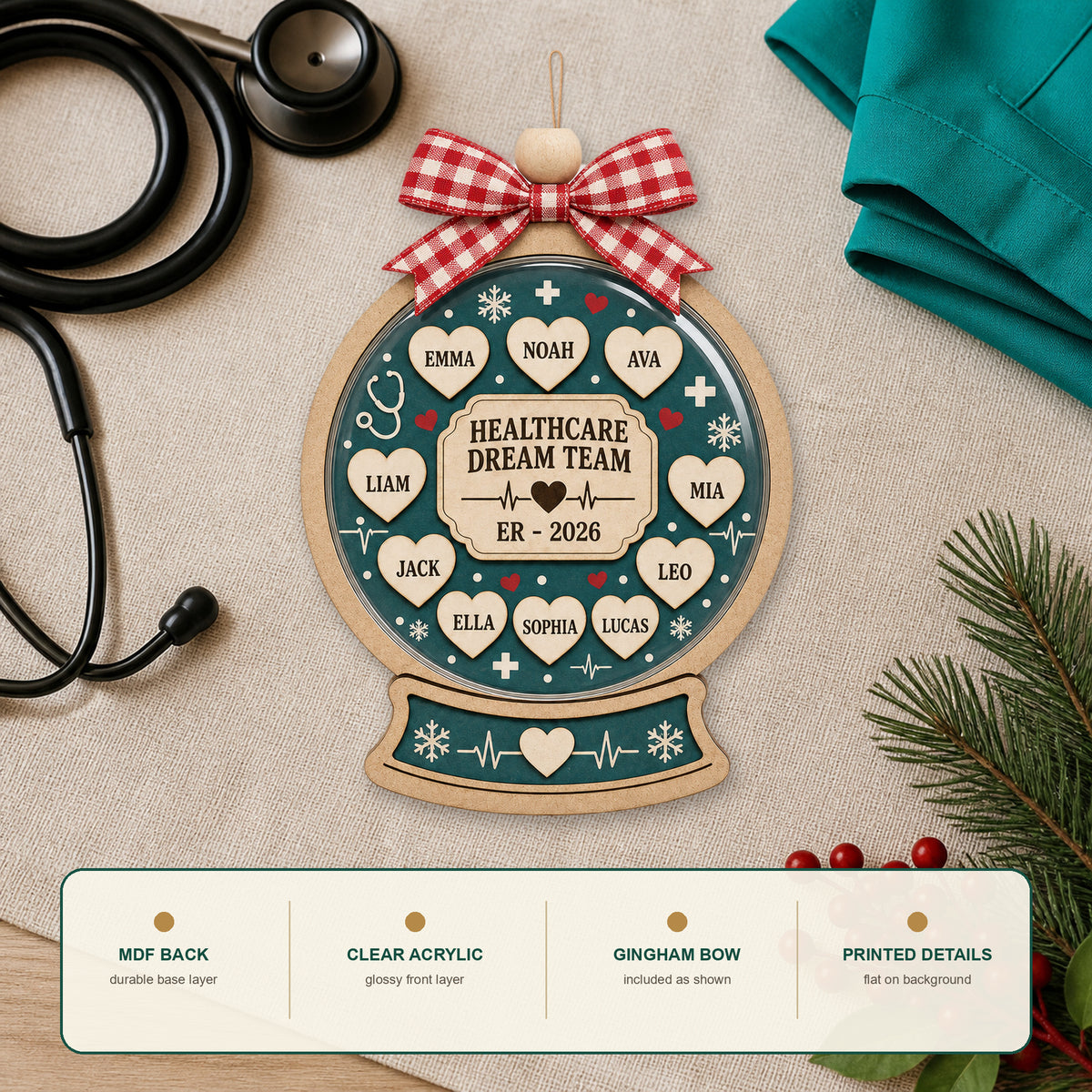 Personalized Healthcare Medical Snowglobe Acrylic Ornament - Custom Names Keepsake - image 6