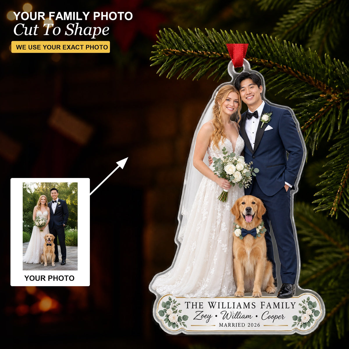Personalized Bride Groom With Pet Photo Acrylic Ornament - Custom Couple Keepsake - image 1