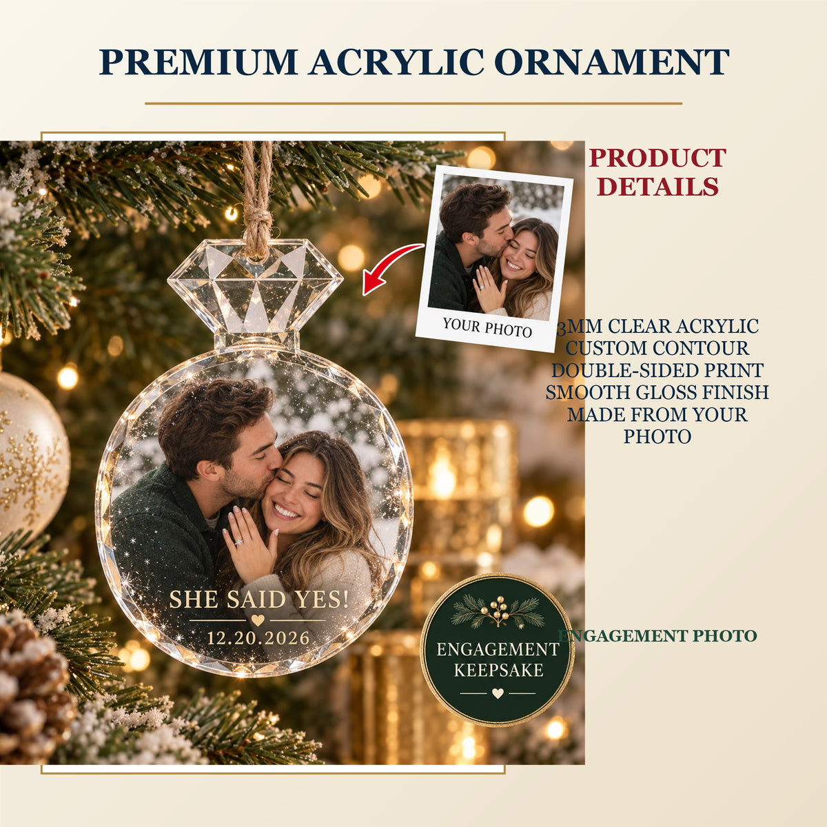 Personalized Engagement Acrylic Ornament - Custom Photo Keepsake - image 2