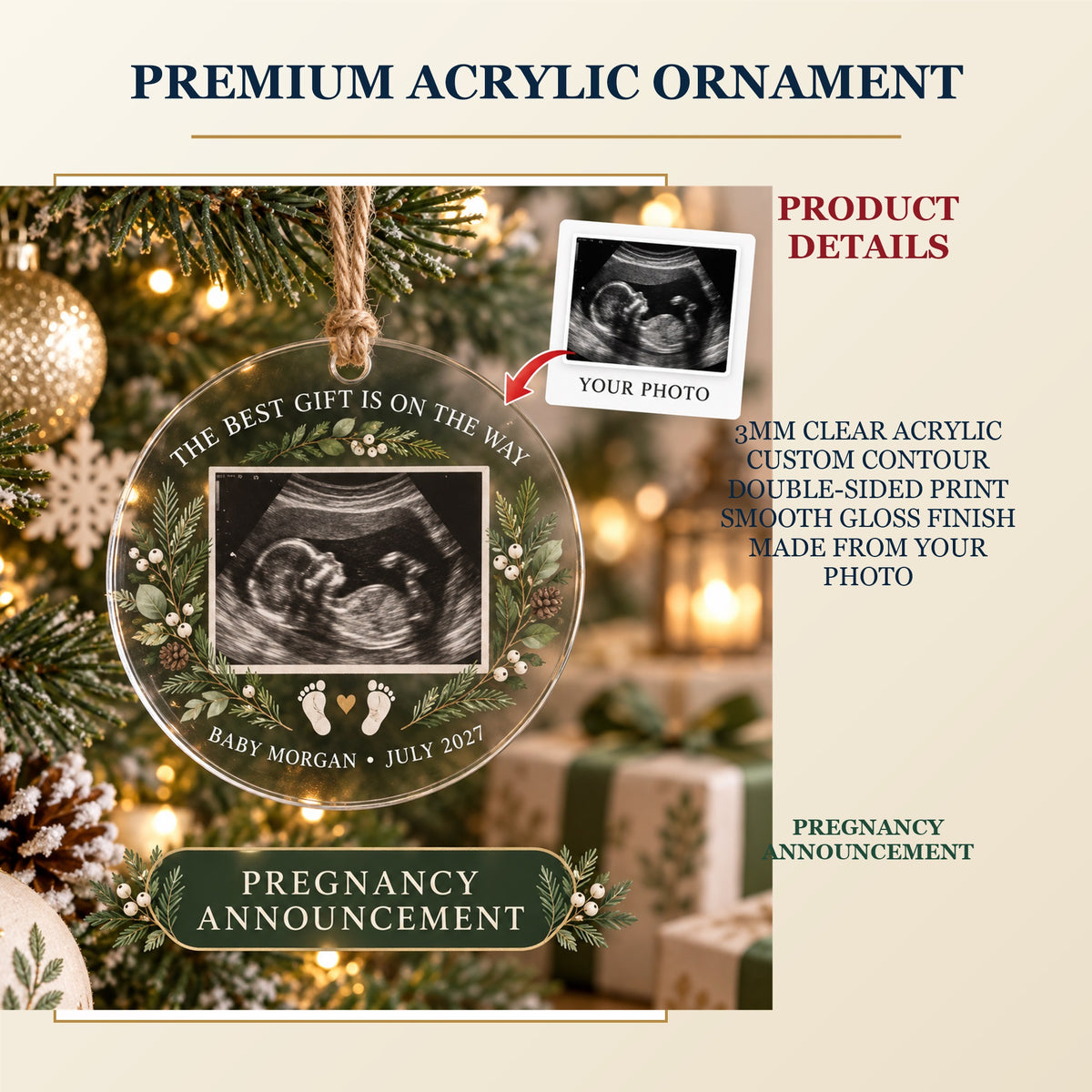 Personalized Pregnancy Announcement Acrylic Ornament - Custom Photo Keepsake - image 2