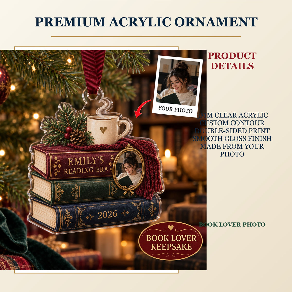 Personalized Book Lover Acrylic Ornament - Custom Photo Keepsake - image 2