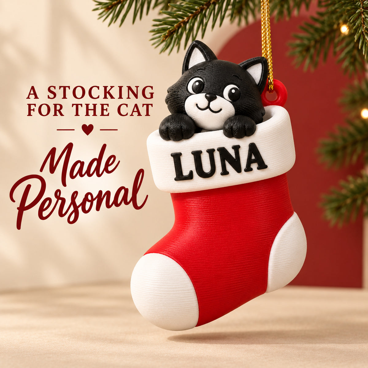Personalized Cat Stocking 3D Ornament - Custom Christmas Keepsake - image 2