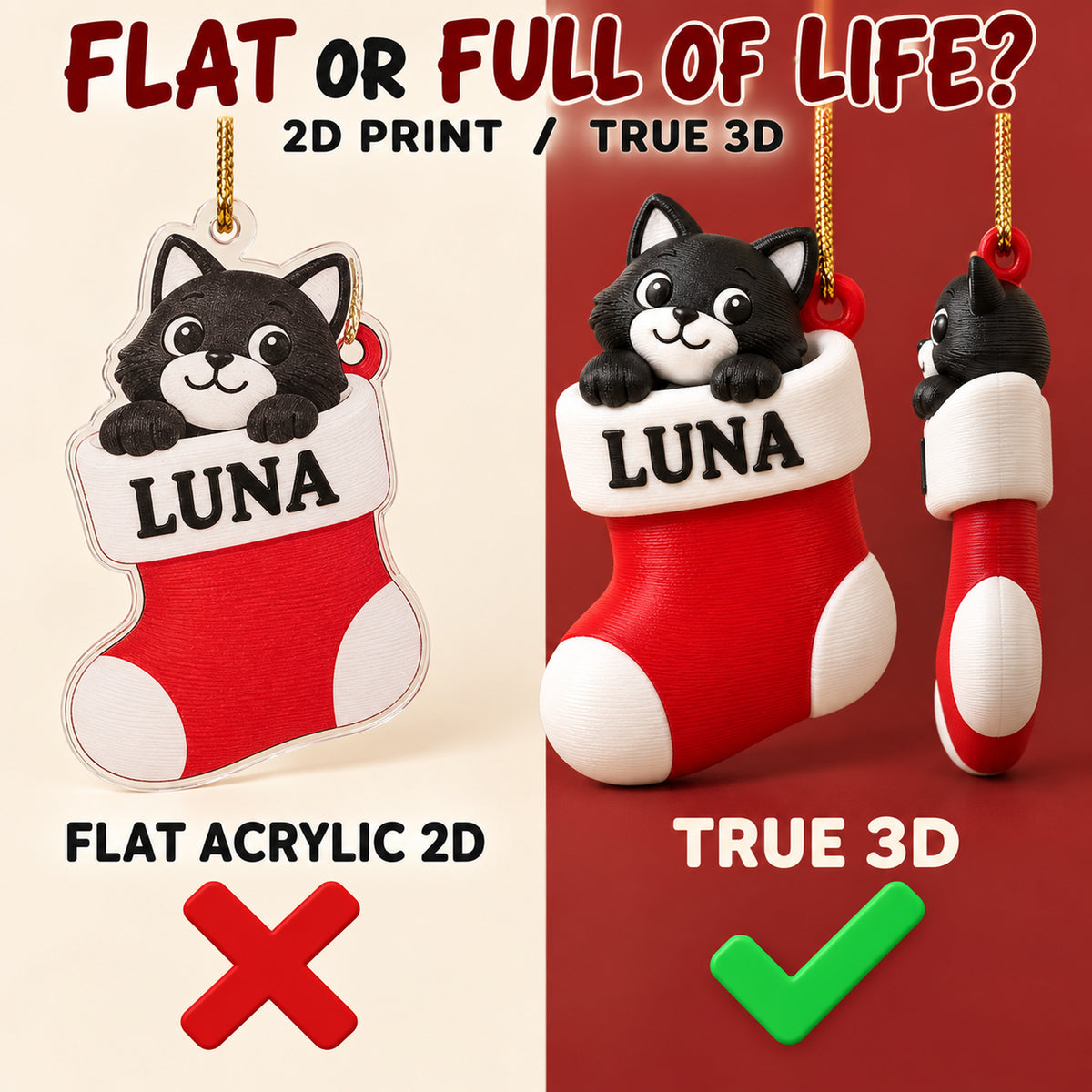 Personalized Cat Stocking 3D Ornament - Custom Christmas Keepsake - image 3