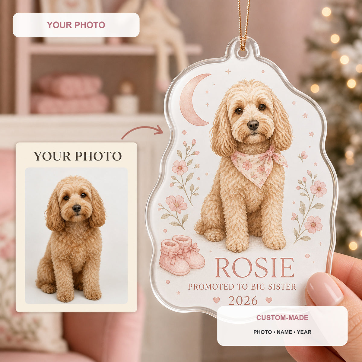 Personalized Big Sister Pregnancy Reveal Dog Photo Acrylic Ornament - Custom Pet Keepsake - image 1