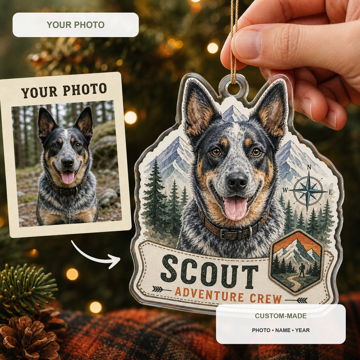 Personalized Adventure Crew Dog Photo Acrylic Ornament - Custom Pet Keepsake - image 1