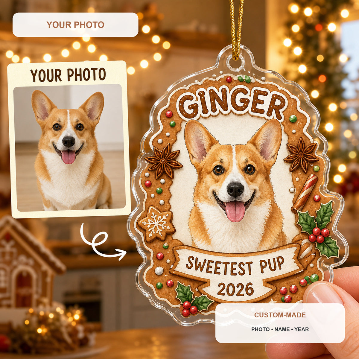 Personalized Gingerbread Dog Photo Acrylic Ornament - Custom Pet Keepsake - image 1