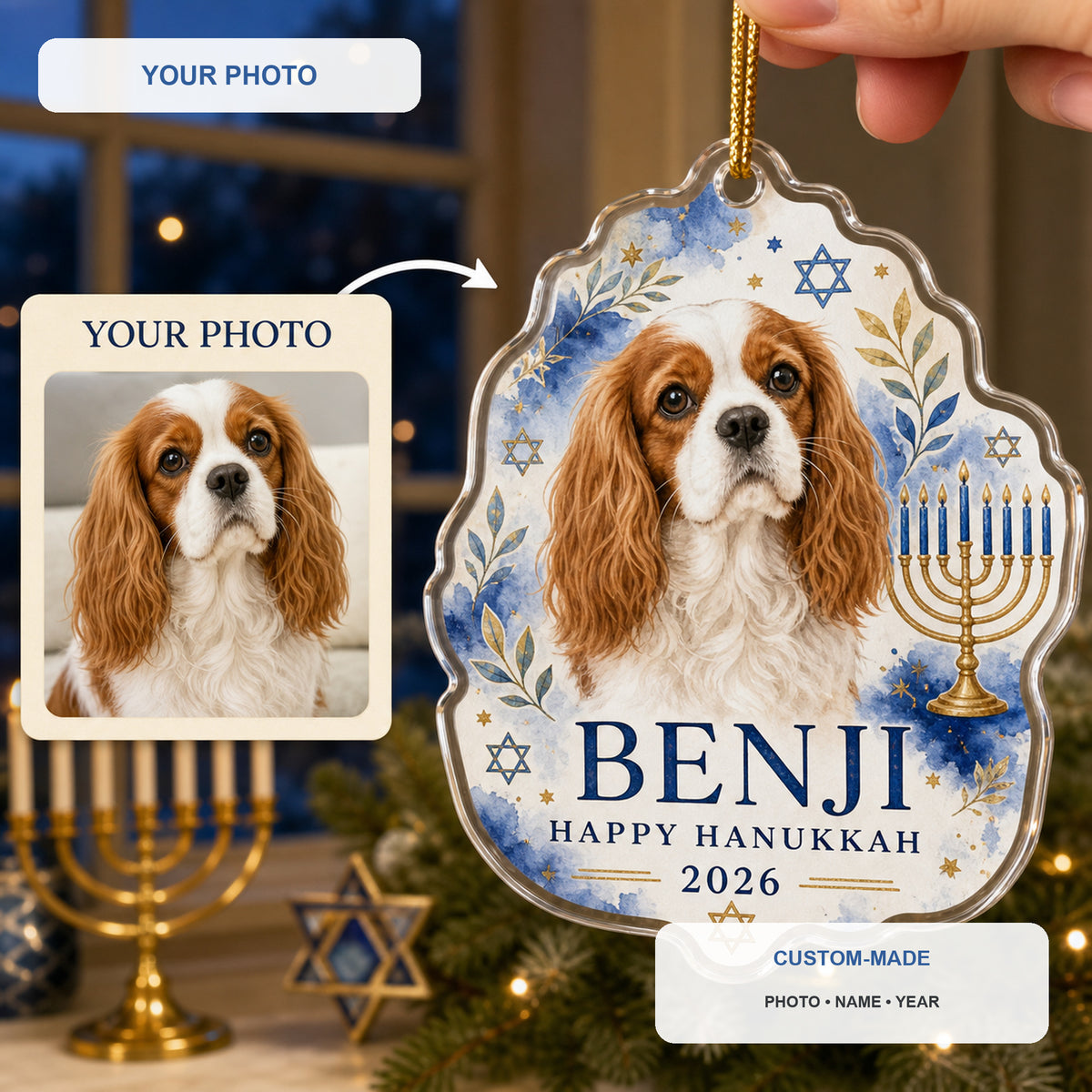 Personalized Hanukkah Dog Photo Acrylic Ornament - Custom Pet Keepsake - image 1