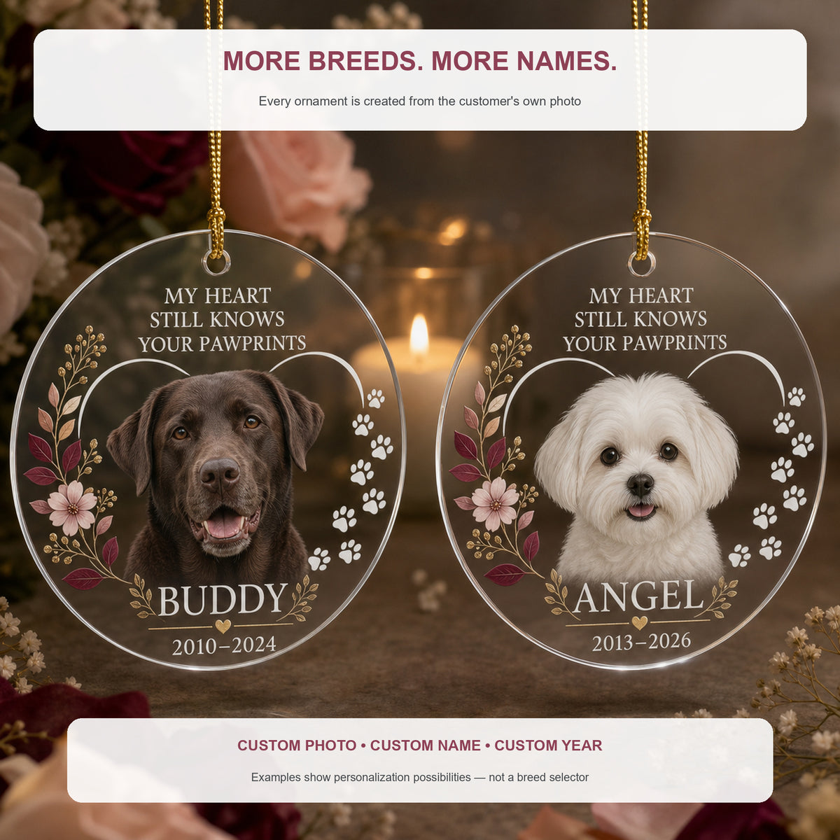 Personalized Heart Pawprints Pet Memorial Photo Acrylic Ornament - Custom Pet Keepsake - image 4