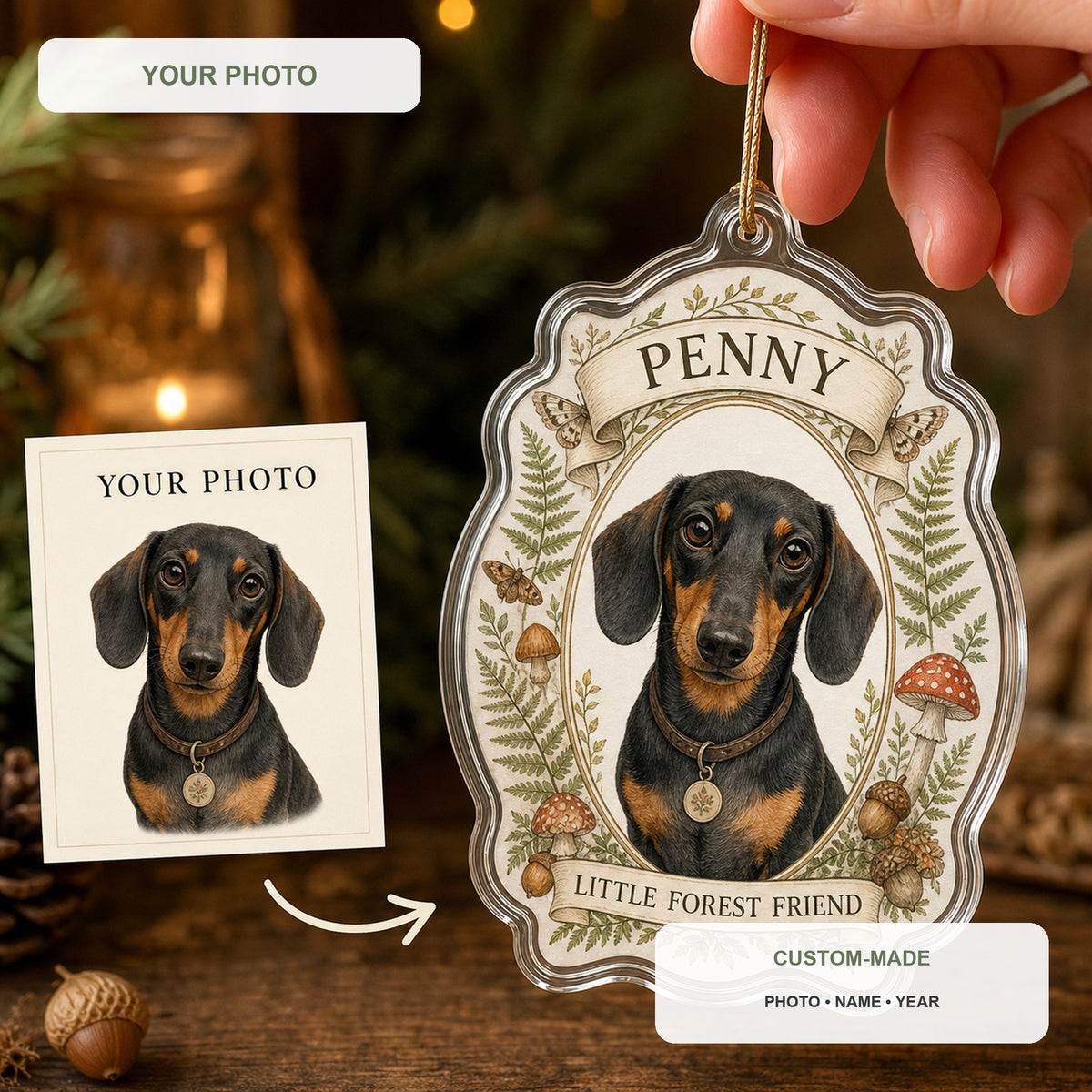 Personalized Storybook Woodland Dog Photo Acrylic Ornament - Custom Pet Keepsake - image 1