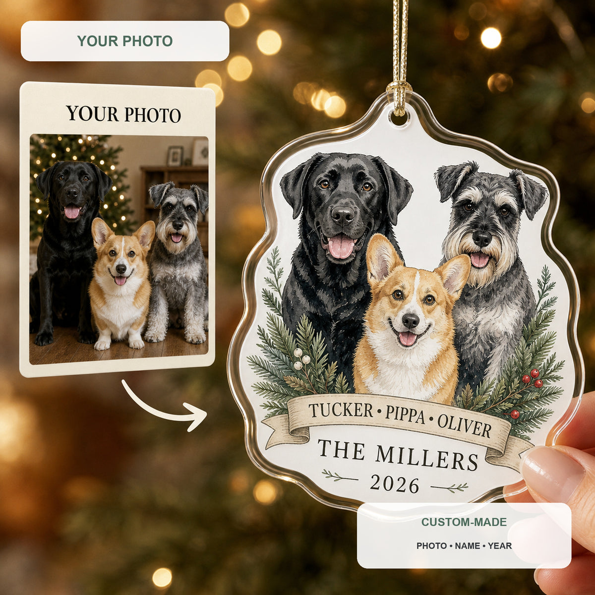 Personalized Three Dog Family Photo Acrylic Ornament - Custom Pet Keepsake - image 1