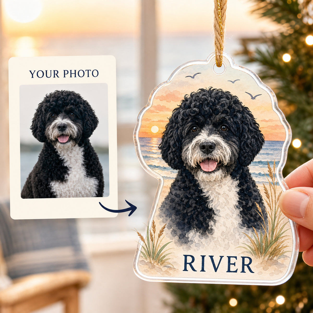 Personalized Beach Sunset Dog Photo Acrylic Ornament - Custom Pet Keepsake - image 1