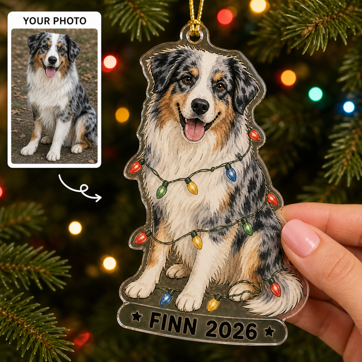 Personalized Christmas Lights Dog Photo Acrylic Ornament - Custom Pet Keepsake - image 1