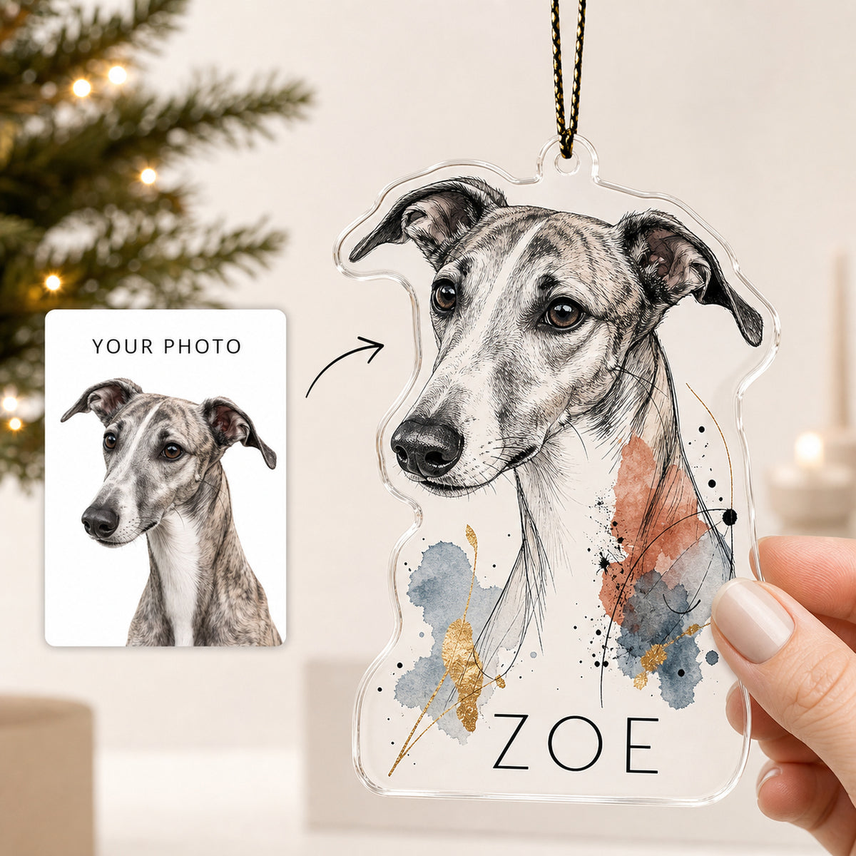 Personalized Minimal Ink Splash Dog Photo Acrylic Ornament - Custom Pet Keepsake - image 1
