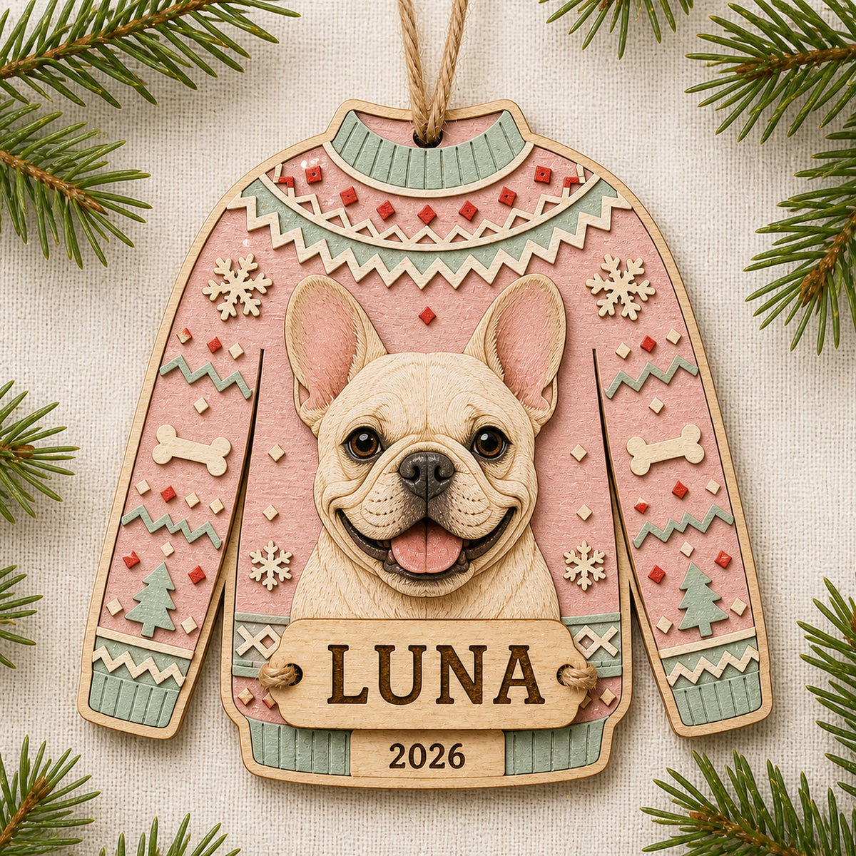 Personalized Ugly Sweater Pup Photo Wood Ornament - Custom Pet Keepsake - image 3