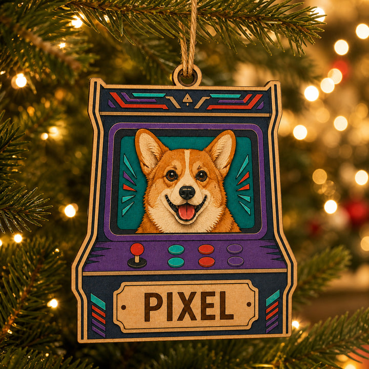 Personalized Arcade Pup Photo Wood Ornament - Custom Pet Keepsake - image 1