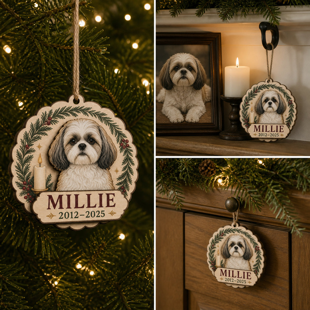 Personalized Christmas Candle Pet Memorial Photo Wood Ornament - Custom Pet Keepsake - image 2
