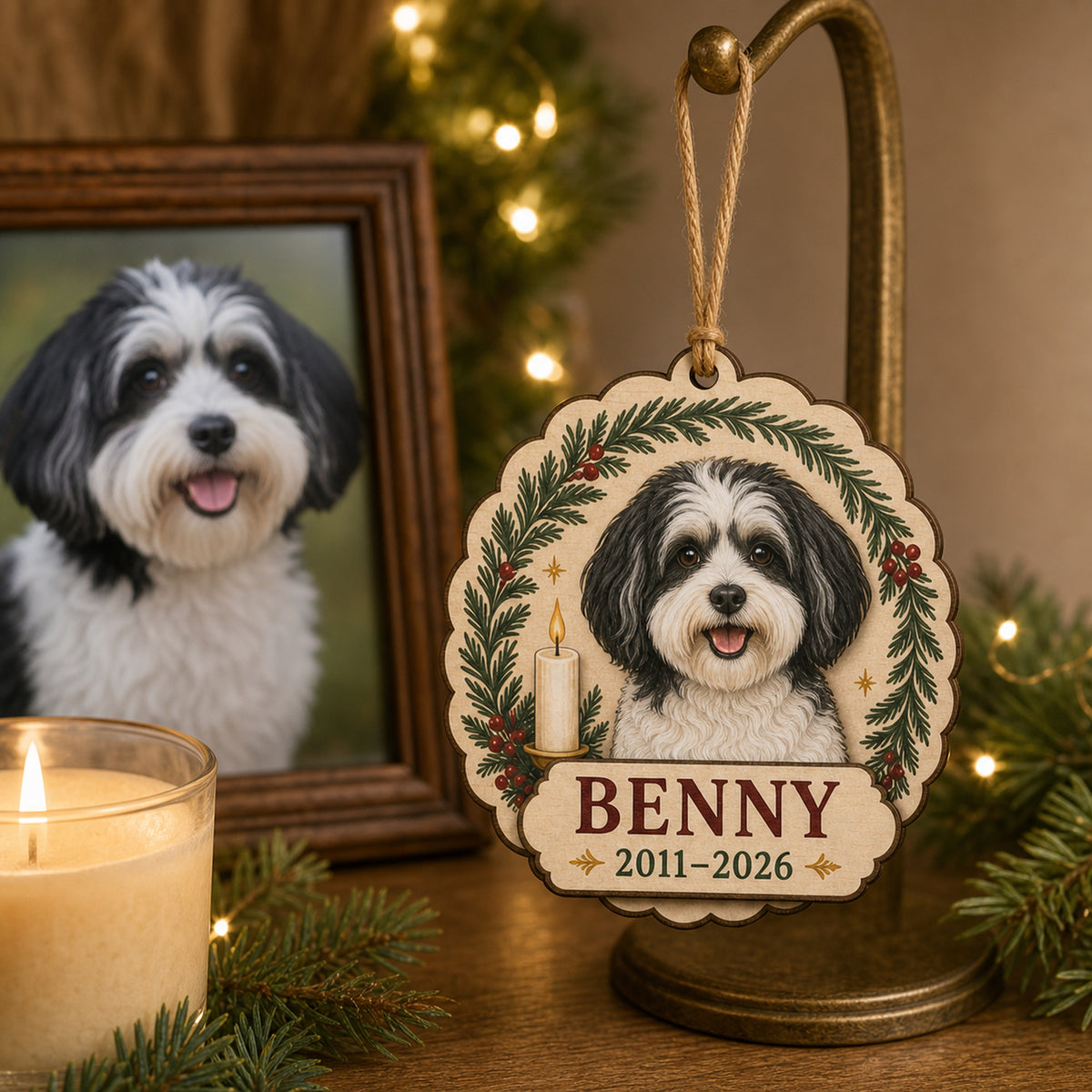 Personalized Christmas Candle Pet Memorial Photo Wood Ornament - Custom Pet Keepsake - image 3