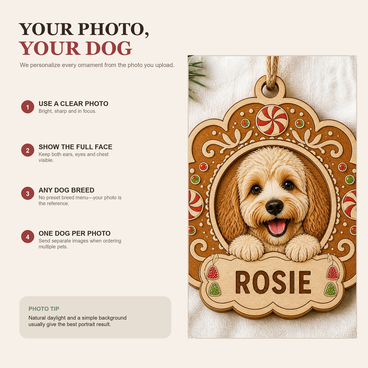 Personalized Gingerbread Cookie Pup Photo Wood Ornament - Custom Pet Keepsake - image 7