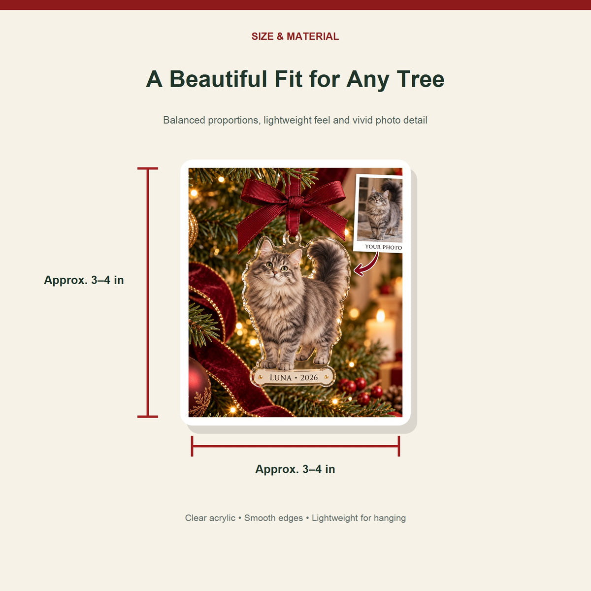 Personalized cat photo ornament - size-guide