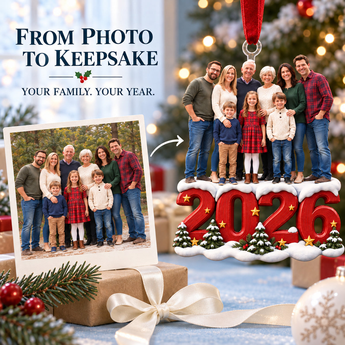 Custom Photo Four Generations Together Acrylic Ornament — Personalization example