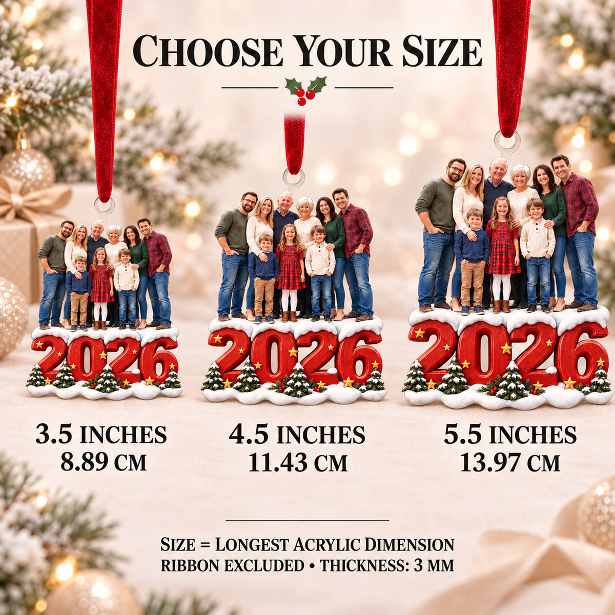 Custom Photo Four Generations Together Acrylic Ornament — Size guide