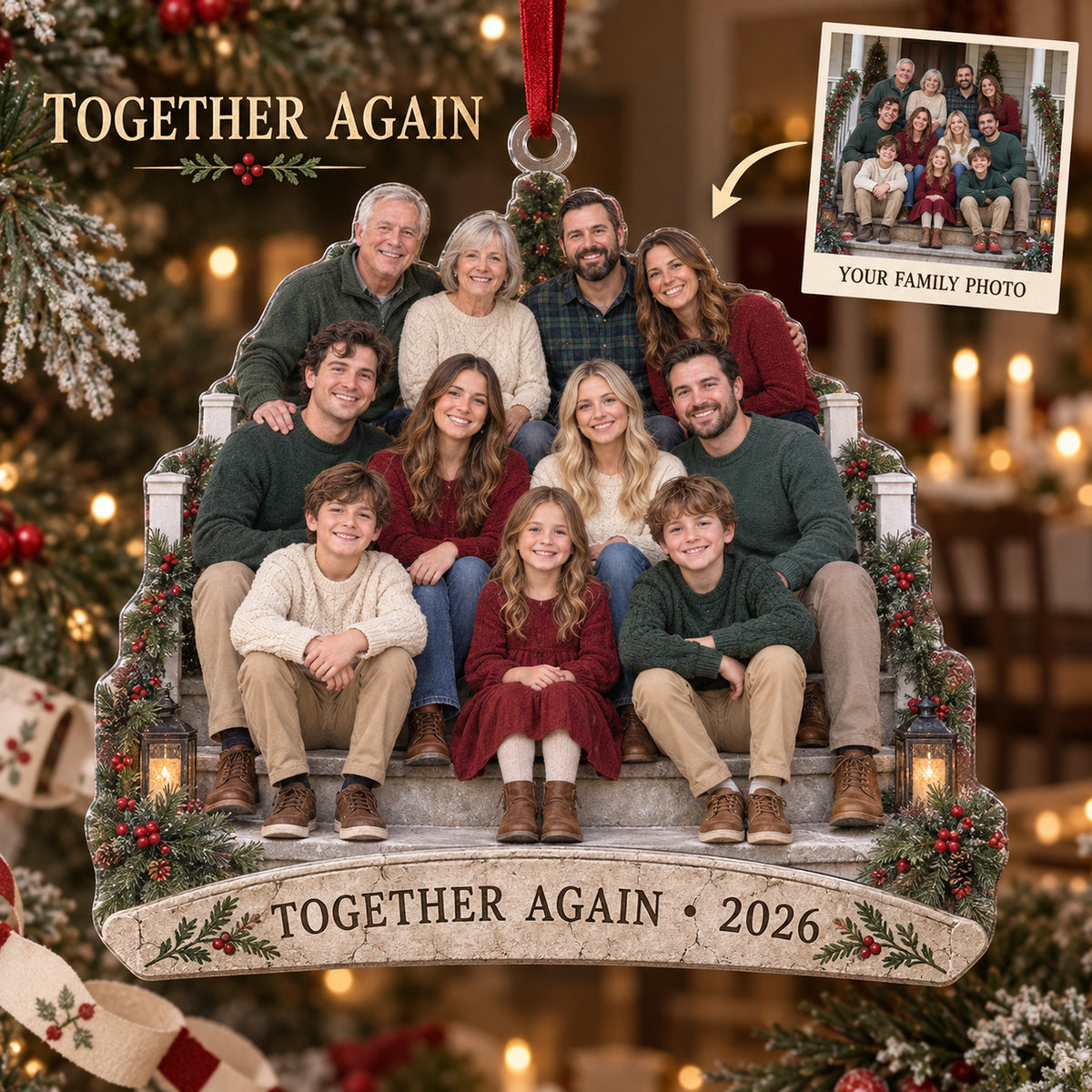 Custom Photo Annual Reunion Porch Portrait Acrylic Ornament — Main design