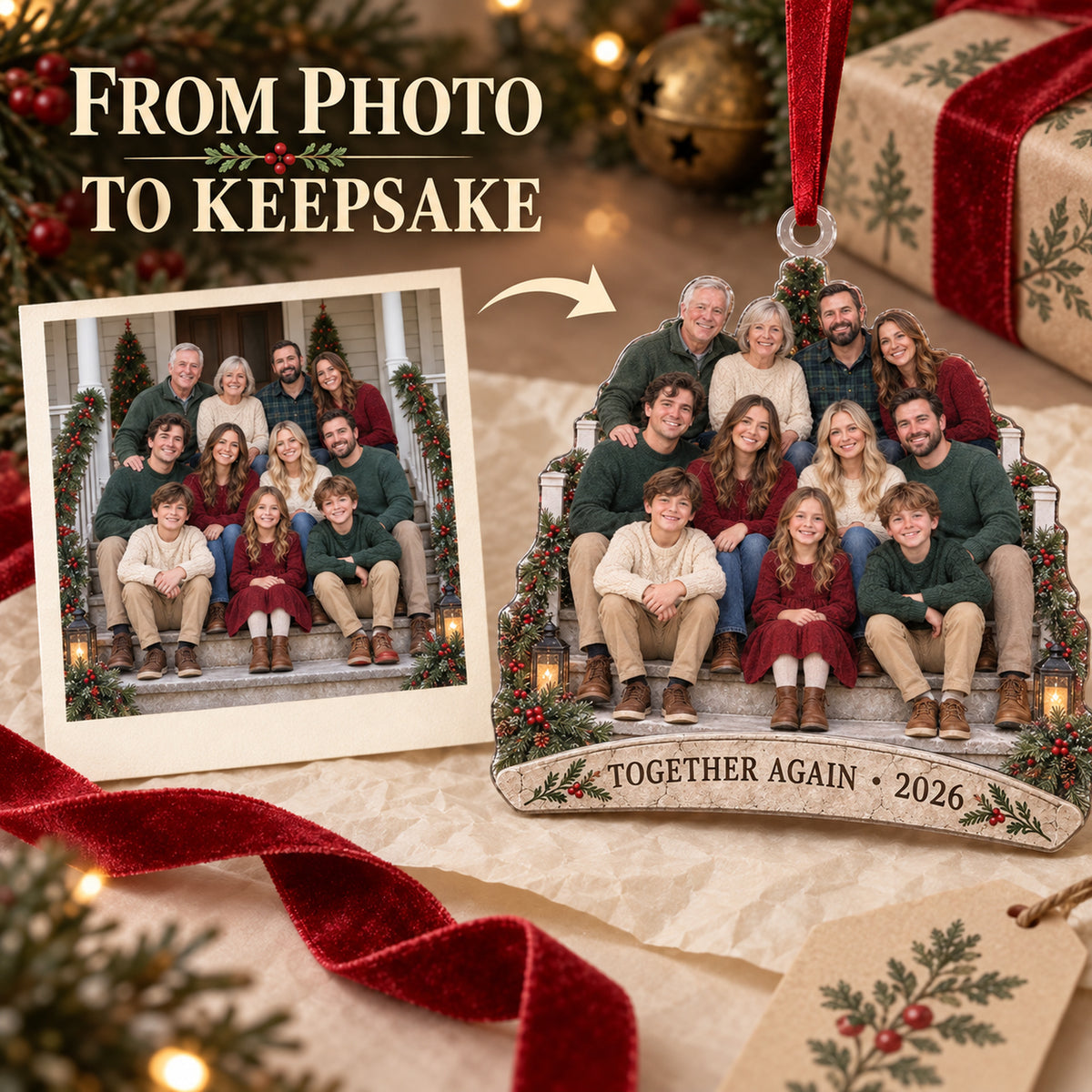 Custom Photo Annual Reunion Porch Portrait Acrylic Ornament — Personalization example