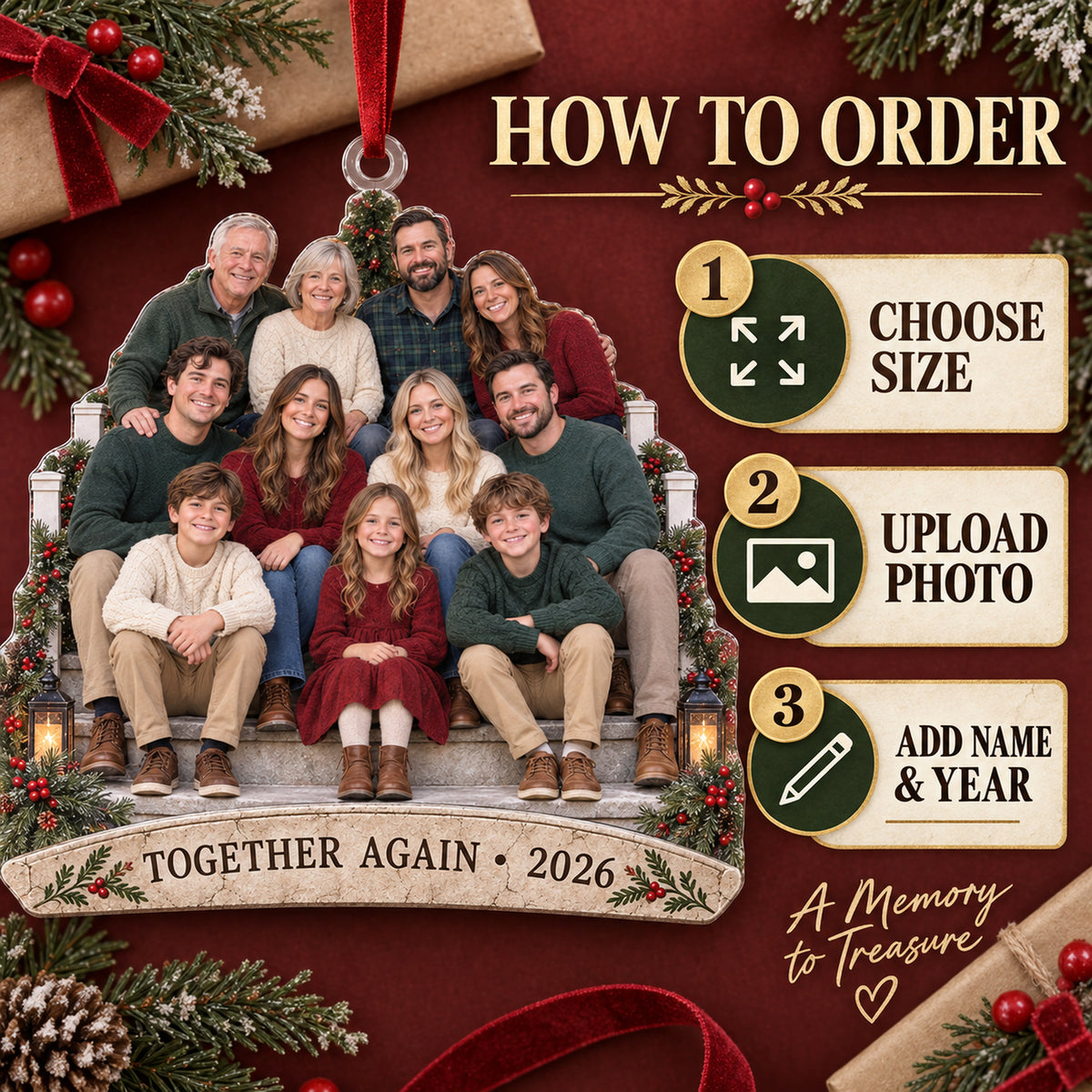 Custom Photo Annual Reunion Porch Portrait Acrylic Ornament — How to order