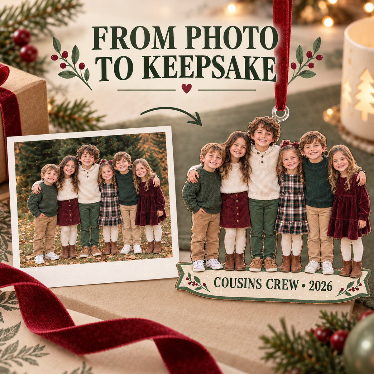 Custom Photo Cousins Crew Lineup Acrylic Ornament — Personalization example