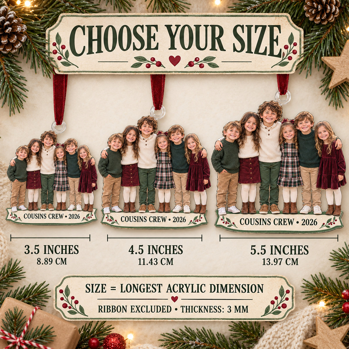Custom Photo Cousins Crew Lineup Acrylic Ornament — Size guide