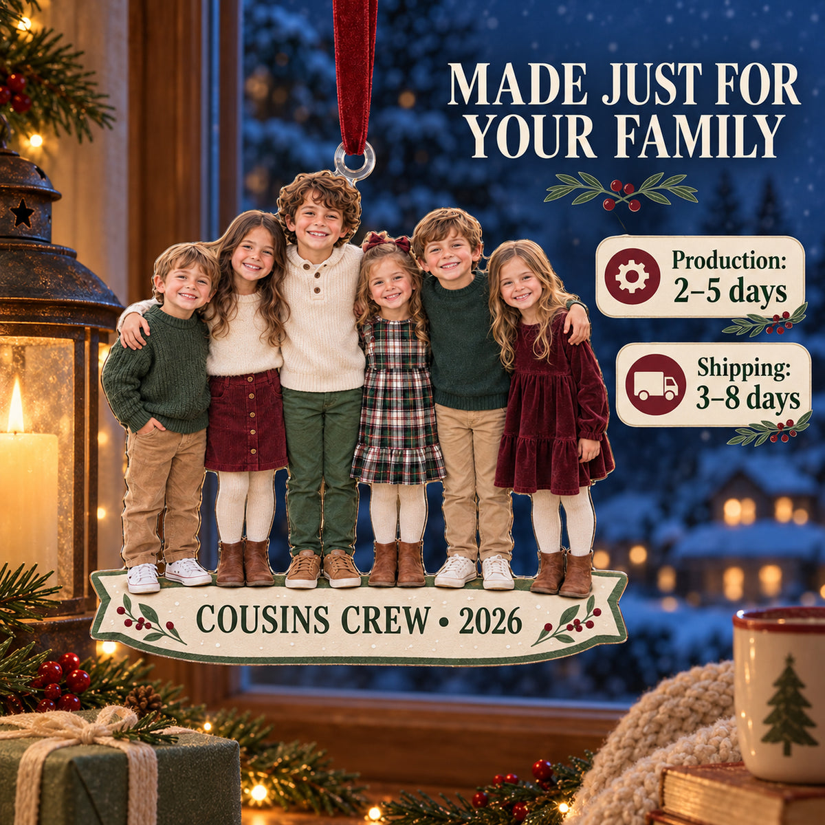 Custom Photo Cousins Crew Lineup Acrylic Ornament — Production and delivery