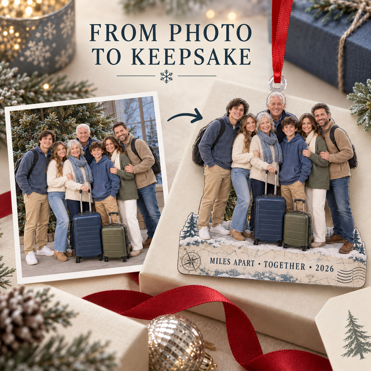 Custom Photo Destination Family Gathering Acrylic Ornament — Personalization example