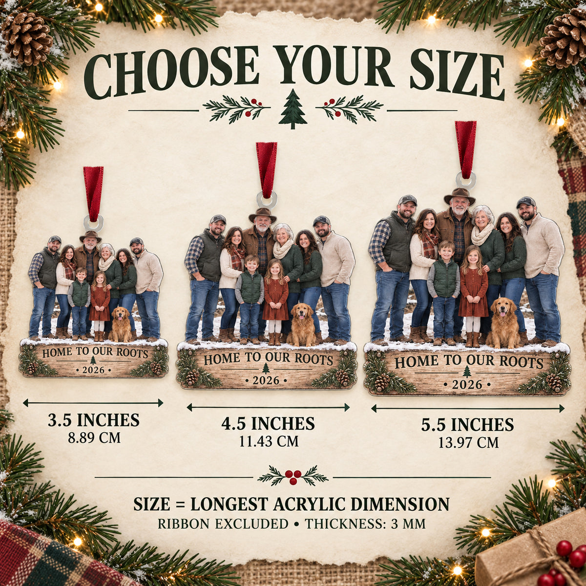 Custom Photo Family Farm Homecoming Acrylic Ornament — Size guide