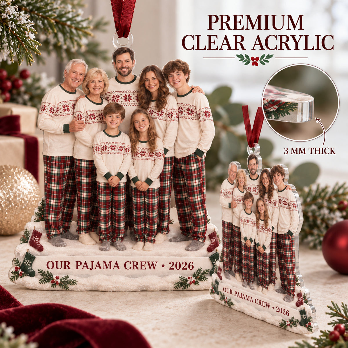 Custom Photo Holiday Pajama Generations Acrylic Ornament — Flat acrylic material