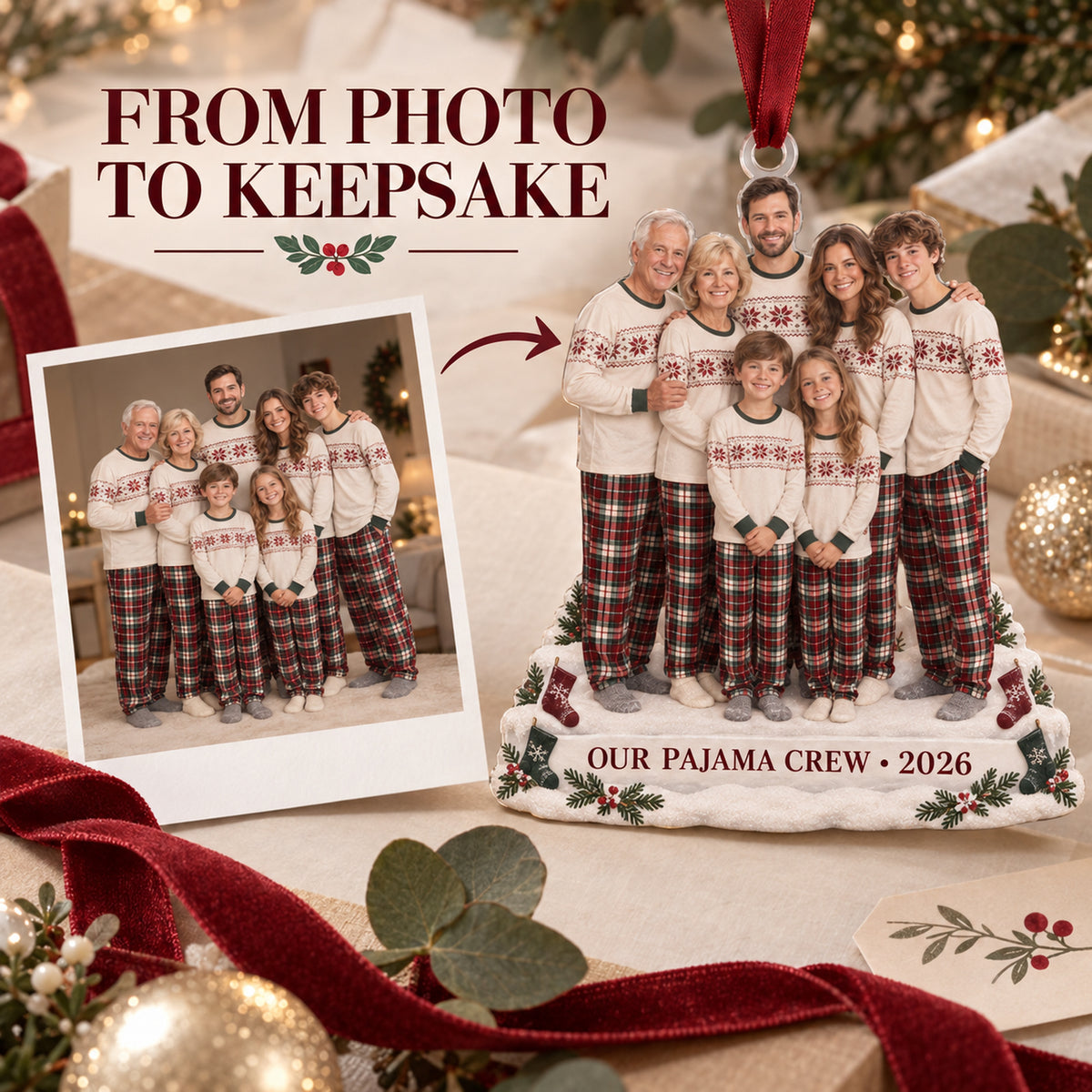 Custom Photo Holiday Pajama Generations Acrylic Ornament — Personalization example