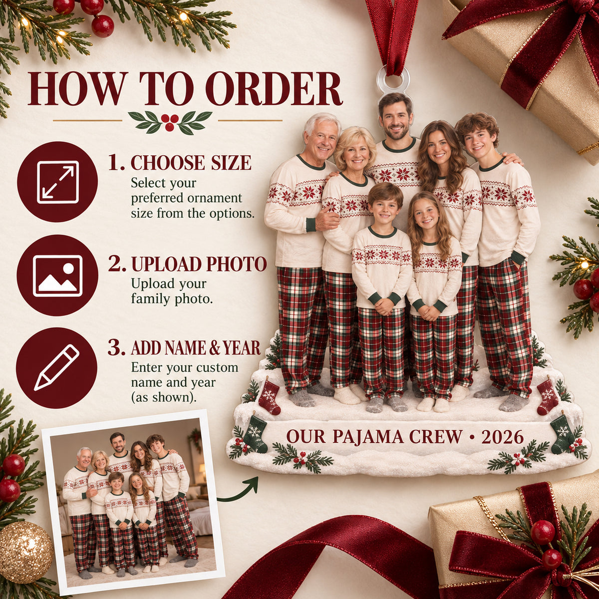 Custom Photo Holiday Pajama Generations Acrylic Ornament — How to order