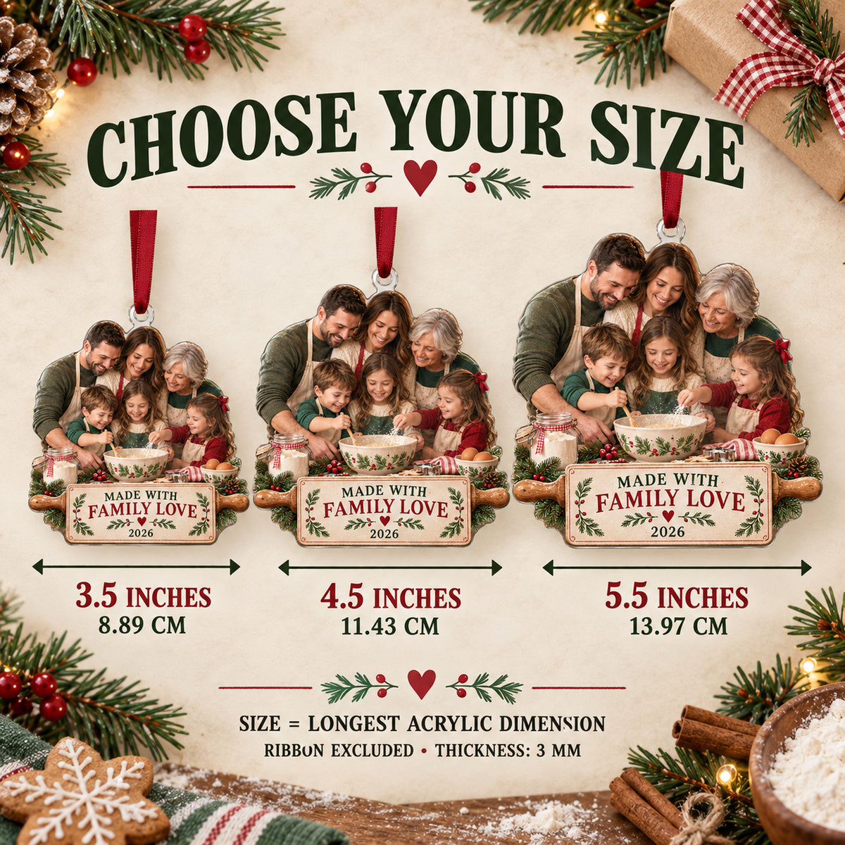 Custom Photo Family Recipe Day Acrylic Ornament — Size guide