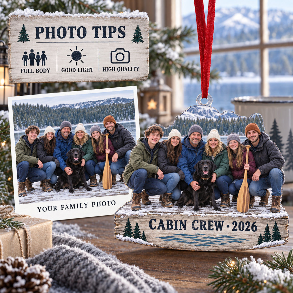 Custom Photo Lake Cabin Reunion Acrylic Ornament — Photo or personalization guide
