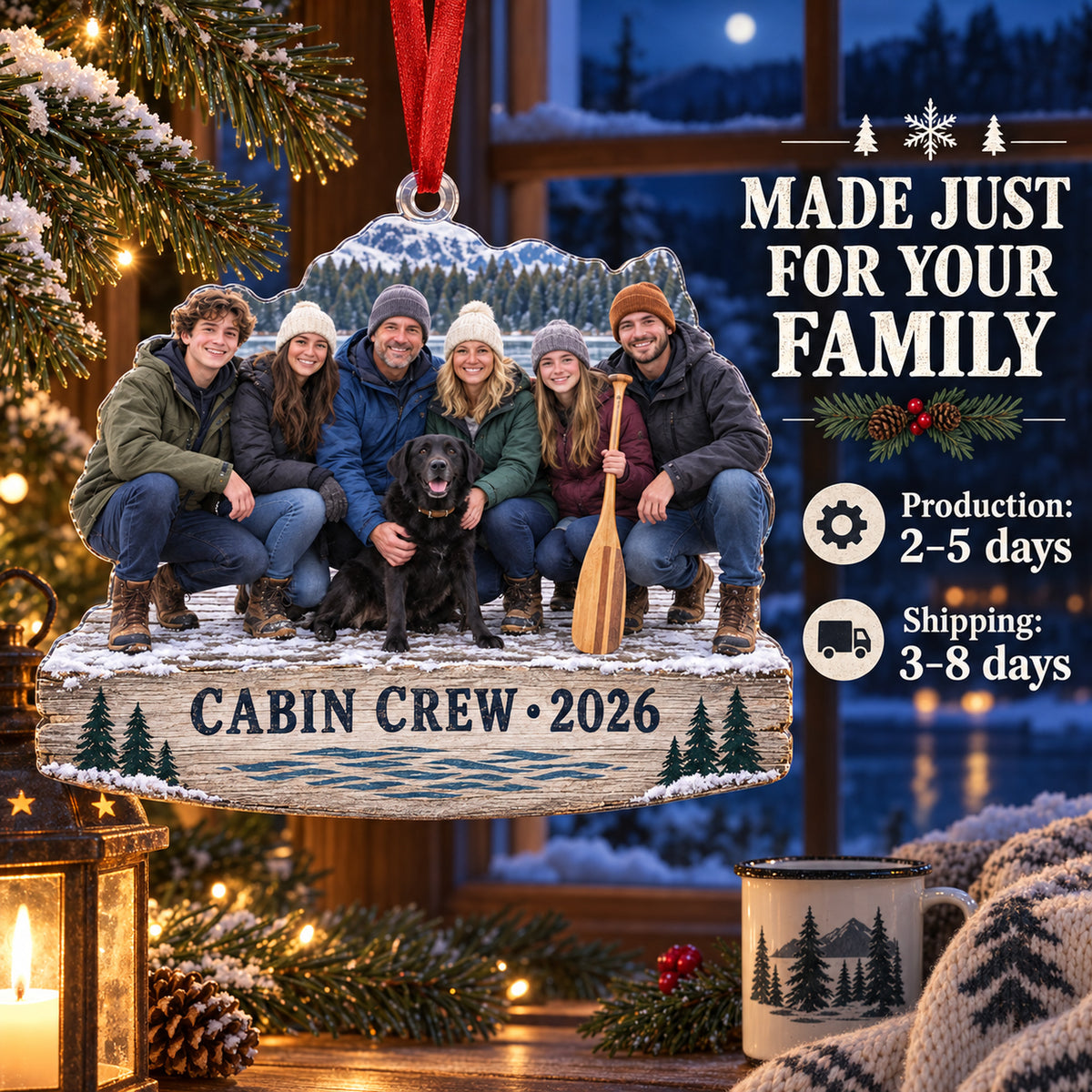 Custom Photo Lake Cabin Reunion Acrylic Ornament — Production and delivery