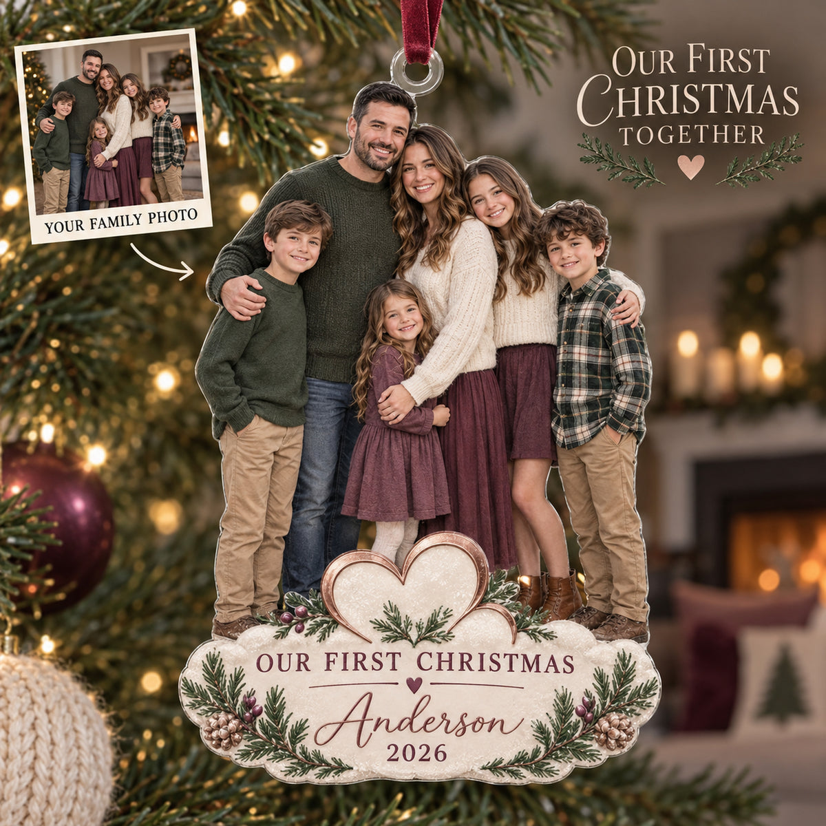Custom Photo Blended Family First Christmas Acrylic Ornament — Main design