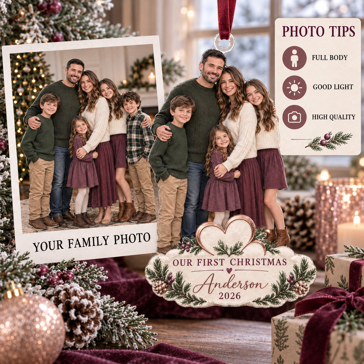 Custom Photo Blended Family First Christmas Acrylic Ornament — Photo or personalization guide