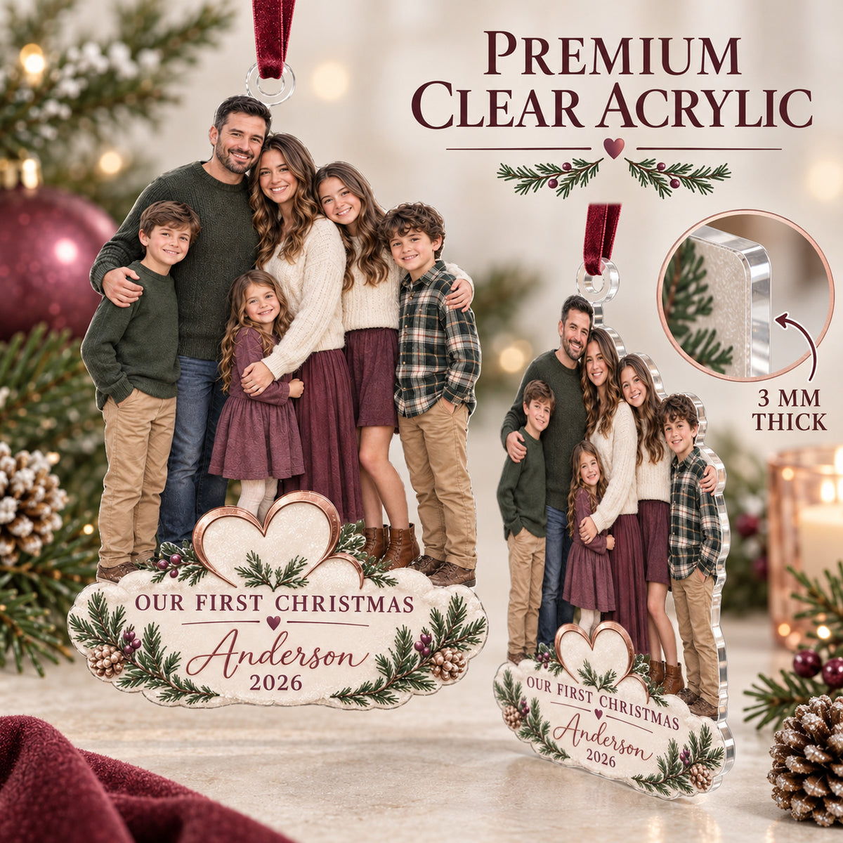 Custom Photo Blended Family First Christmas Acrylic Ornament — Flat acrylic material