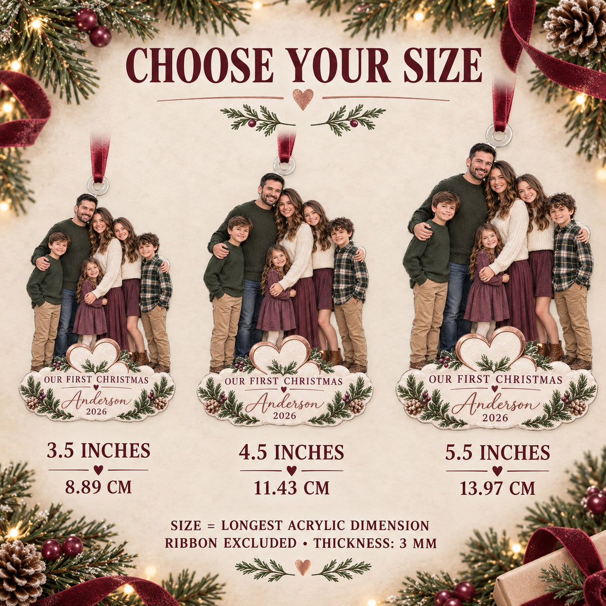 Custom Photo Blended Family First Christmas Acrylic Ornament — Size guide