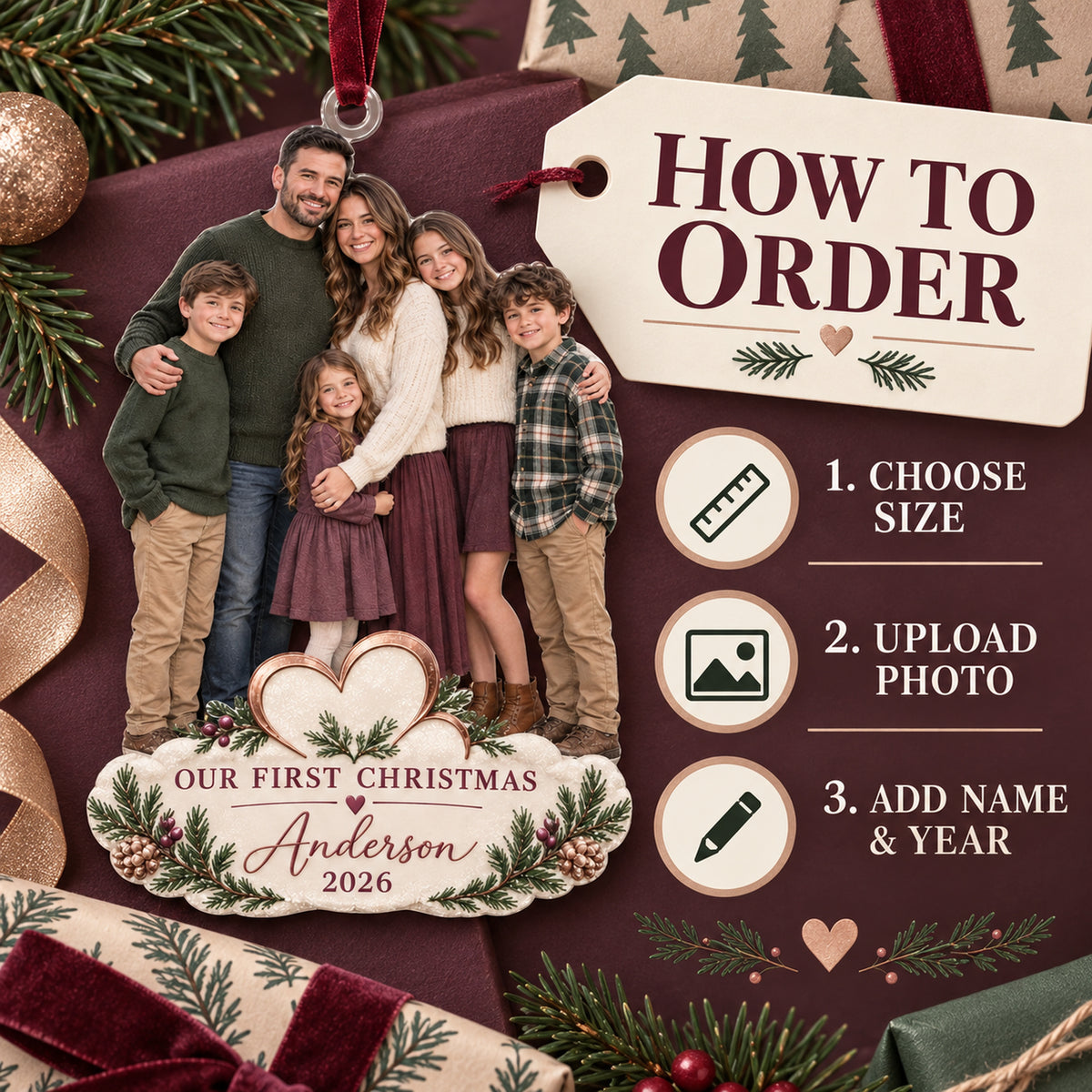 Custom Photo Blended Family First Christmas Acrylic Ornament — How to order