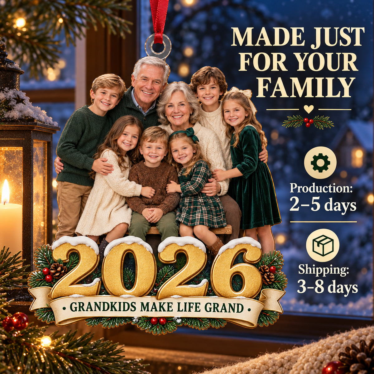 Custom Photo Grandparents and All Grandkids Acrylic Ornament — Production and delivery