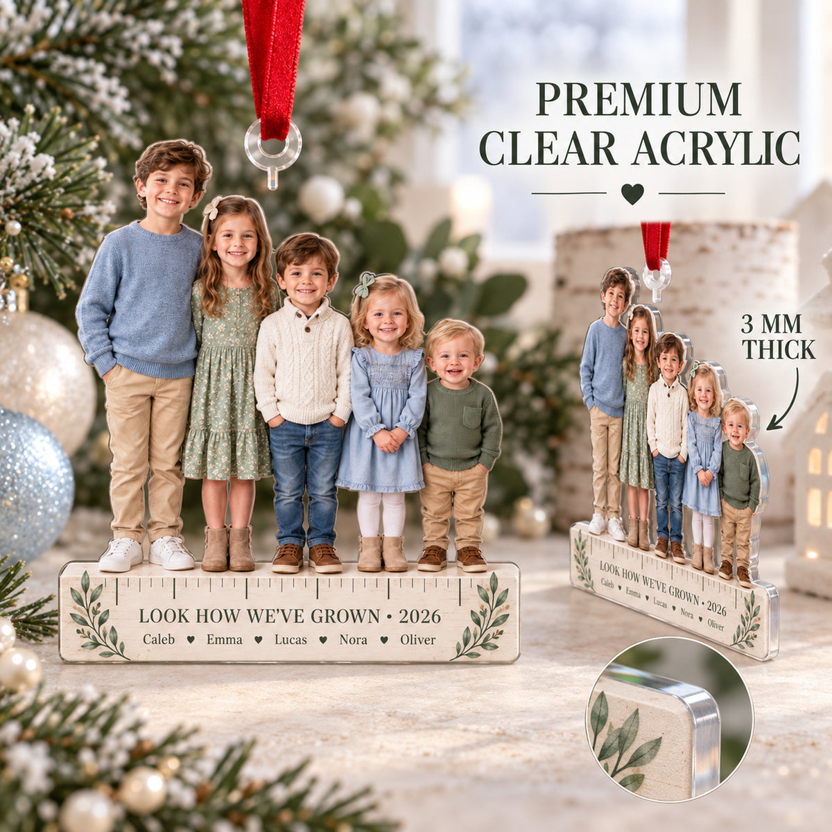 Custom Photo Grandkids Growth Lineup Acrylic Ornament — Flat acrylic material