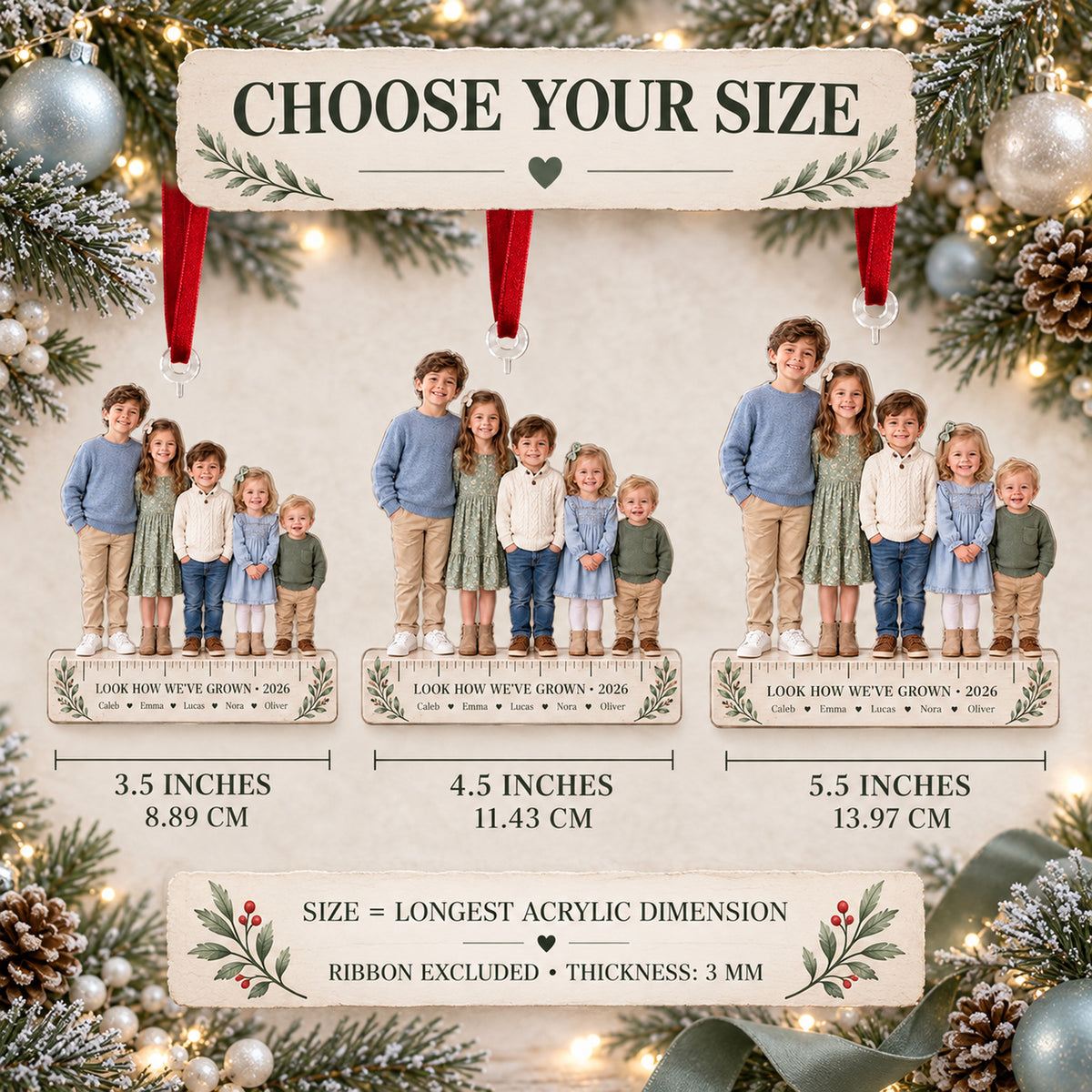 Custom Photo Grandkids Growth Lineup Acrylic Ornament — Size guide