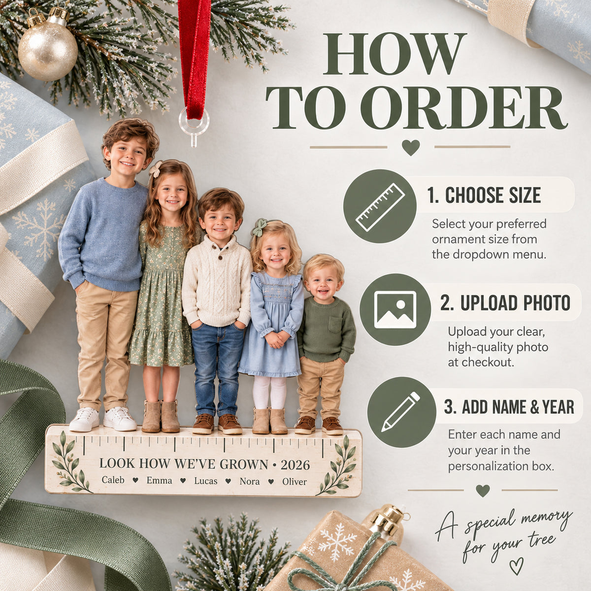 Custom Photo Grandkids Growth Lineup Acrylic Ornament — How to order